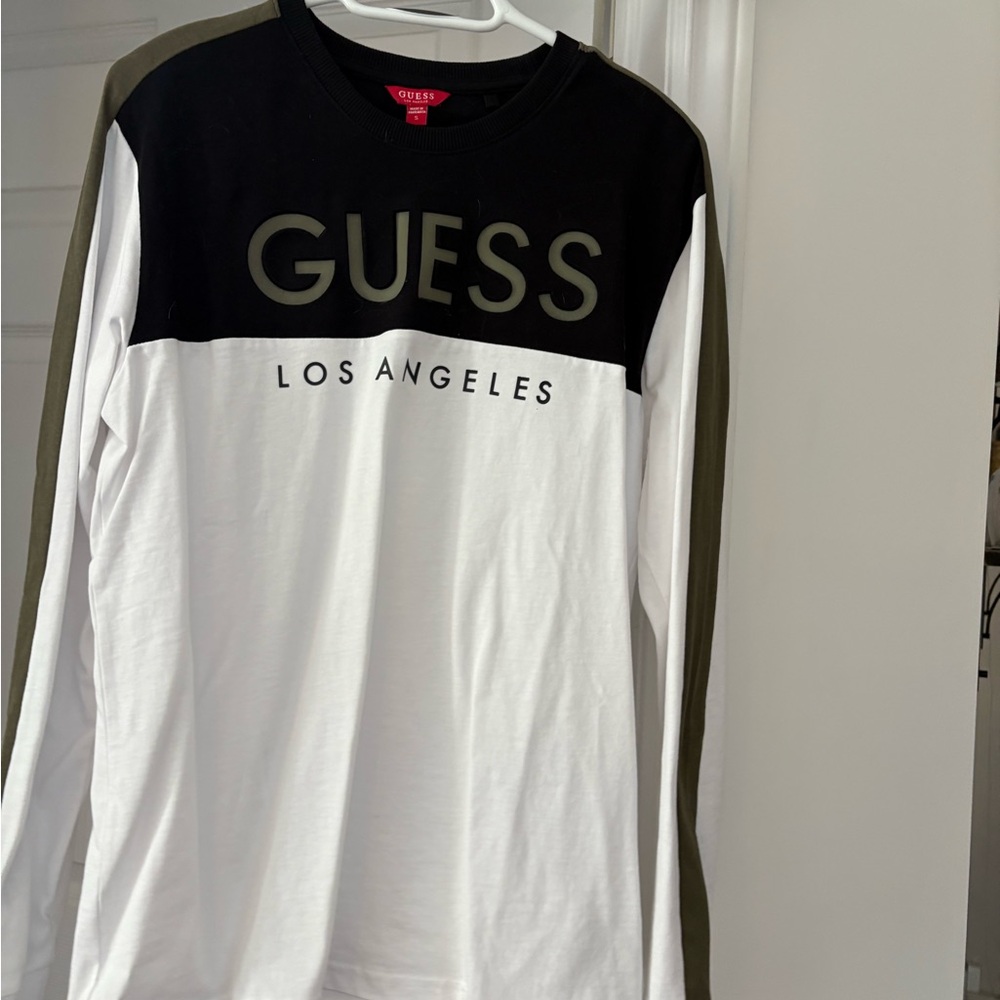 GUESS Men's Black, White, and Olive Long Sleeve Tee